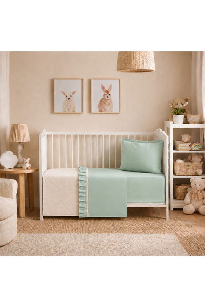 SALLHOMEE Ekru Mint yeşili dantel detaylı bebek pike takımı 4 parça