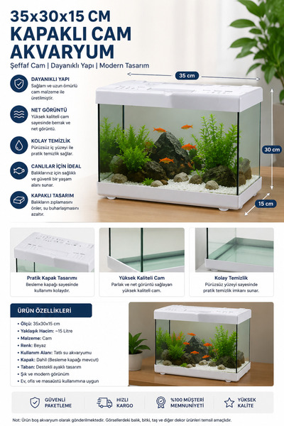AquaNanoCube 35x30x15 cm Kapaklı Cam Akvaryum Beyaz Çerçeveli Nano Balık Akva...