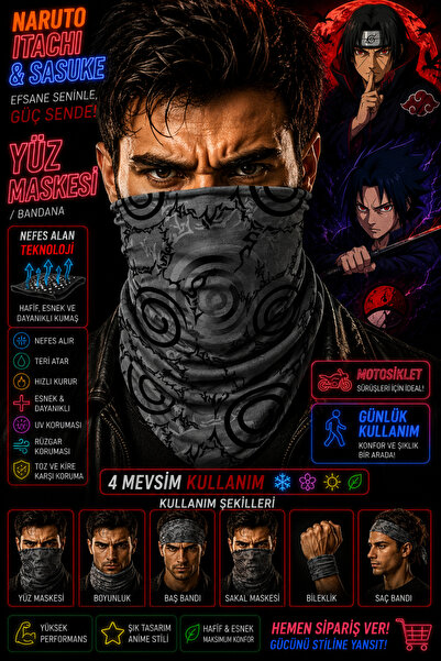 FG KONNİCHİWA Naruto İtachi̇ Printed Bandana Anime Face Mask and Neck Gaiter ...