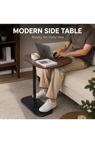 Bleco Walnut-colored C-shaped sofa table, portable computer desk by the bed, small side table for relaxing in the living room, and storage space for snacks and books by the bedroom bed.