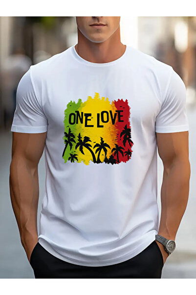 LİNA06 تي شيرت رجالي بطباعة جرافيك باللون الرمادي الداكن مع نص ONE LOVE، قميص...