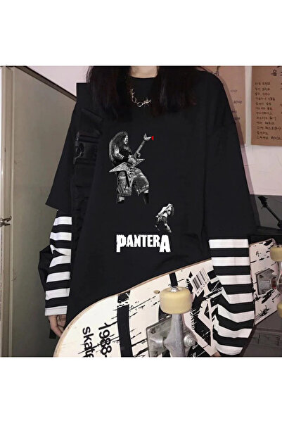 dompulerimoda Pantera Printed Fake Sleeves Oversize Unisex Black T-Shirt