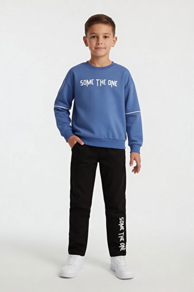 Cansın Mini Plavi tekst, štampane badili lanene pantalone, set za dečake 24533