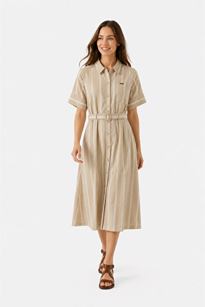 Sibel Günay Butik Mink Stripe Patterned Cotton Poplin Shirt Dress 125 cm