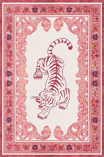 kilim home Modern Ev Dekorasyonu İçin Kaplan Figürlü Kiremit Tonlarında Pamuk...