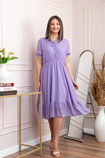 OEM Rochie retro lila Leslie cu buline negre si maneci bufante