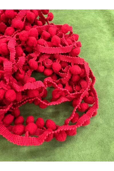 KAYA ARNİCA TEKSTİL Decorative Red Pompom Fringe Ribbon-18 Meters