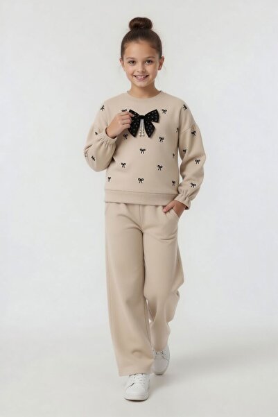 Cansın Mini Beige Bow Detailed Elastic Waist Girls' Tracksuit Set 24543
