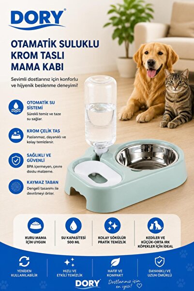Dory Otomatik Suluklu Krom Taslı Mama Kabı Yeşil