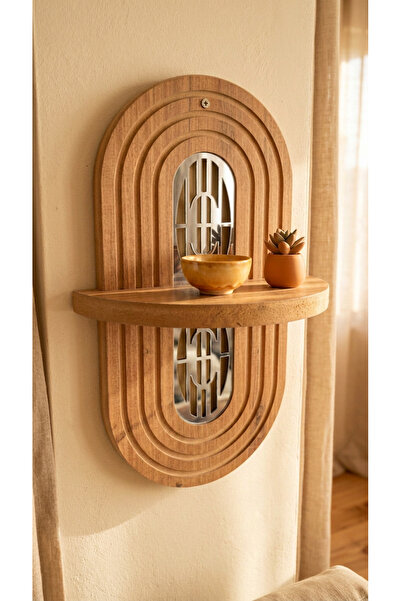 Wooden Factory Bohem Stil Duvar Rafı Aynalı Pleksi Detaylı Dekoratif Duvar Ra...