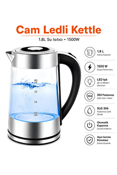 Dexmon Borosilikat Cam Led Işıklı Metal 1500w 1.8l Kettle Su Isıtıcı Otomatik...