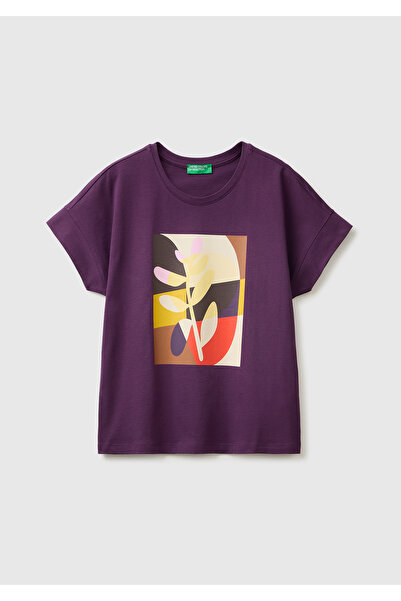 United Colors of Benetton Women's Purple 100% Cotton Crew Neck T-Shirt with F...