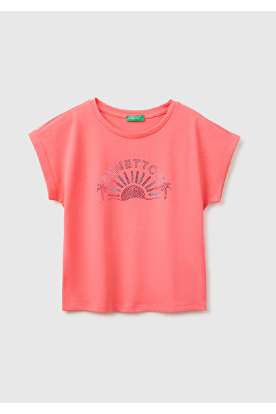 United Colors of Benetton Girl's Coral Colored Stone Detailed Crew Neck T-Shirt