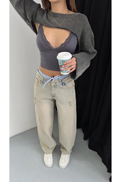 DENİKK Trendy High Waist Boxer Detail Scater Fit Denim Jean Pants-Trendy High...