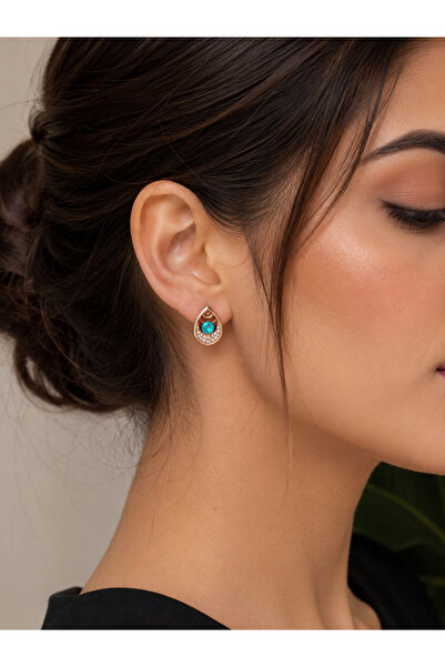 Miore takı Damla Design Turquoise Stone Zircon Detailed Gold Color Women's Ea...