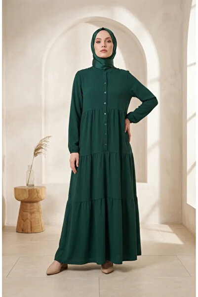 sefamerve Aerobin Fabric Buttoned Layered Hijab Dress 4124-06 Emerald Green