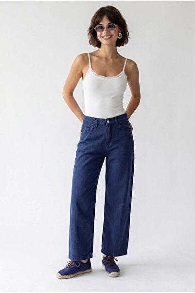 Mixray 2128 Women's Slim Seasonal High Waist Wide Leg Denim Trousers Navy Blue
