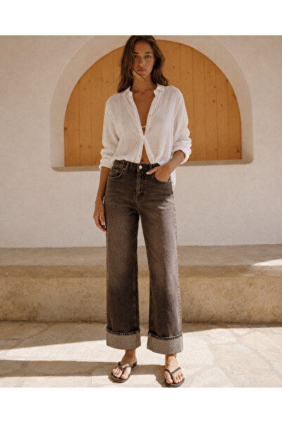 Safari Women's High Waist Stone Detailed Folded Leg Straight Fit Jean Trousers