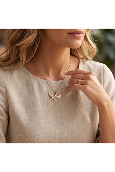 HOBİSY GIFT SHOP Angel Wing Solitaire Necklace - Rose Plated Necklace with Zi...