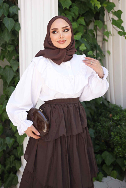 İmajButik Beyaz Önü Fırfırlı Kol Lastikli Gömlek