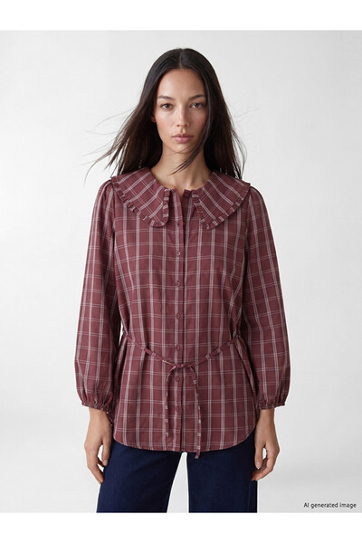 LC Waikiki Vizyon New Season Burgundy Plaid Modal Blended Women's Shirt Tunic
