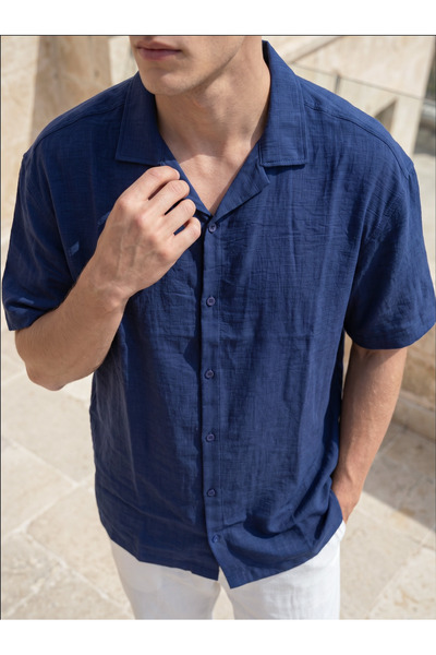 WAMOSSALAPLI Ayrobin Textured Oversize Linen Short Sleeve Men's Shirt