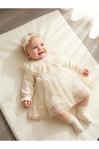 Miniday Baby Baby Girl Mevlütlük Dress with Bandana and Lace, Newborn Hospita...