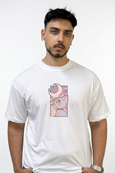 Anetos Sailor Moon Luna Design Printed Oversize White T-Shirt