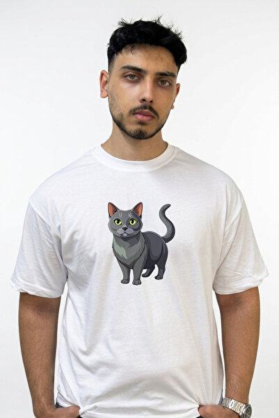 Anetos Grey Cat Design Printed Oversize White T-Shirt