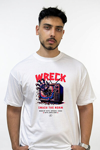 Anetos Zombie Tv Design Printed Oversize White T-Shirt