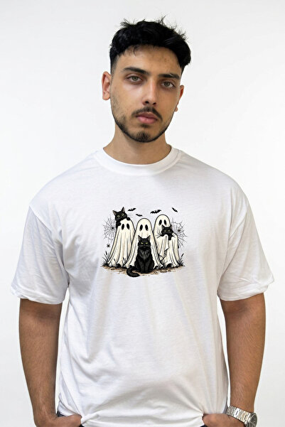 Anetos Black Cat Ghost Design Printed Oversize White T-Shirt