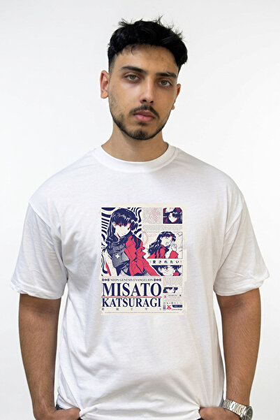 Anetos Misato Katsuragi Design Printed Oversize White T-Shirt