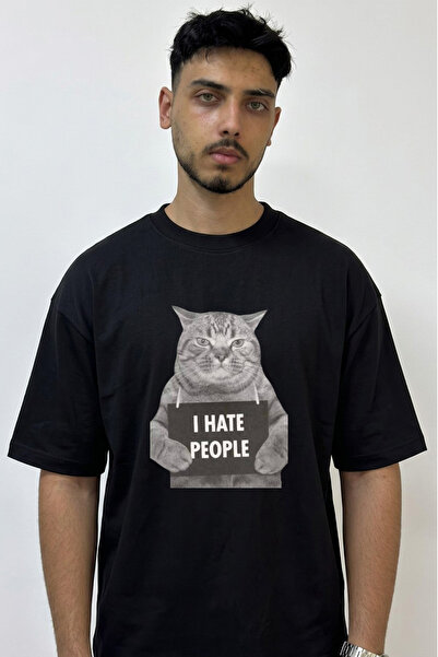 Anetos Angry Cat Design Printed Oversize Black T-Shirt