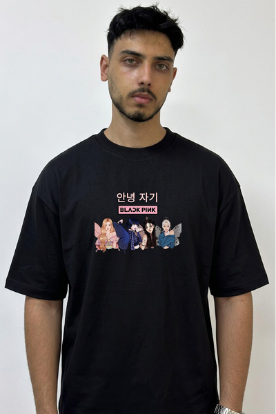 Anetos Black Pink_3 Design Printed Oversize Black T-Shirt