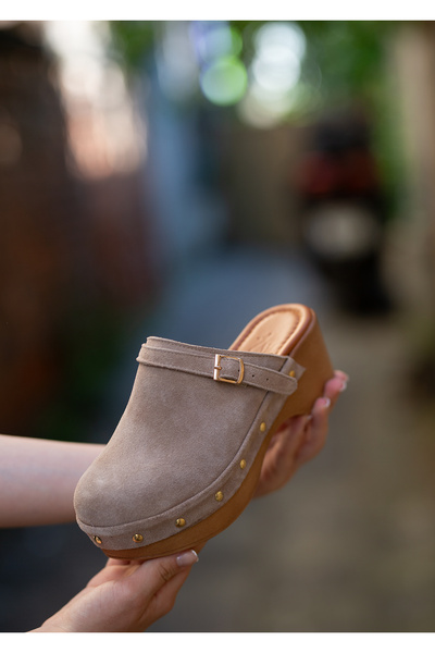 EREN SHOES BAG 7663 Genuine Leather Suede Trok Detailed Buckle Thick Heeled W...