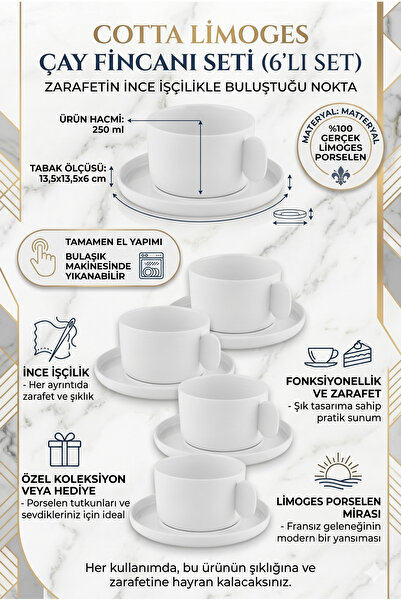 The Mia Cotta Limoges %100 Gerçek Porselen 6'lı Çay Fincanı Seti 250 ml