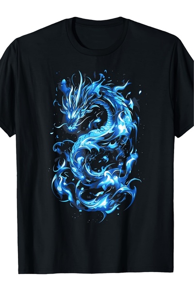 1001 Line [Machine Tee] Retro Blue Flames TShirt Mythical Dragon Art with Sui...