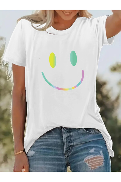 17TAKI 1pc Cheerful Smile T-Shirt, a White Round-Neck Shirt, Perfect Occasion...
