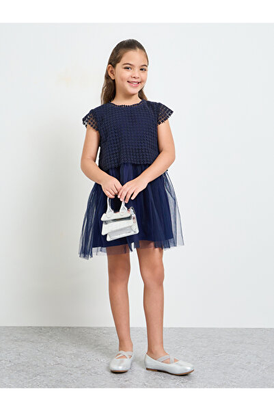 Styli Girls Lace Insert Dress with Mesh Panel