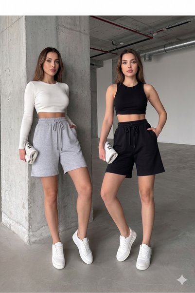 CAONNES 2-Piece Shorts for Women (Black-Grey) Basic Summer Shorts Set - Comfo...