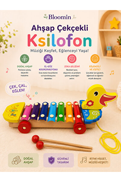 Bloomin Kutulu Ahşap Tekerli Ördek Figürlü Çekçek Selefon , Ksilofon Ahşap Mü...