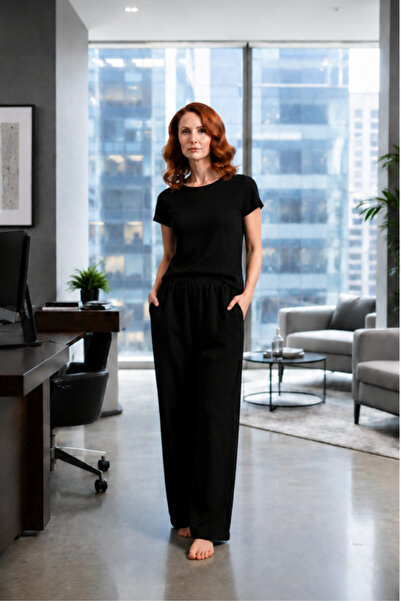 Women's Short Sleeve Lycra Cotton Linen Wide Leg Casual Cut Pocket Summer Bottom Top Set