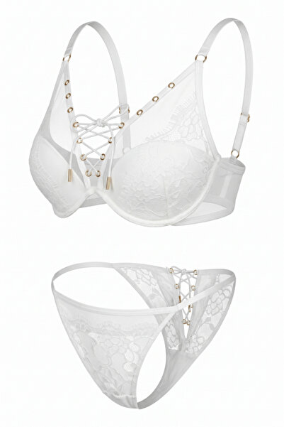 Wakabayashi Vespera Lucien - Ecru, Lace and Lacing Embellished Bra and Panty Set