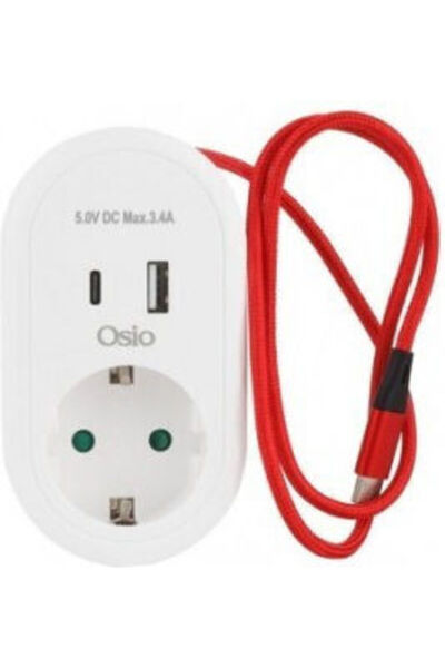 OSIO Μονή πρίζα με προστασία από υπερτάσεις, με 1 USB-A, USB-C και καλώδιο 0,...