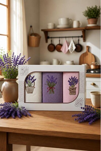 Çeyiz Diyarı Set prosoape de bucătărie din 3 piese cu broderie lavandă 30x50 cm