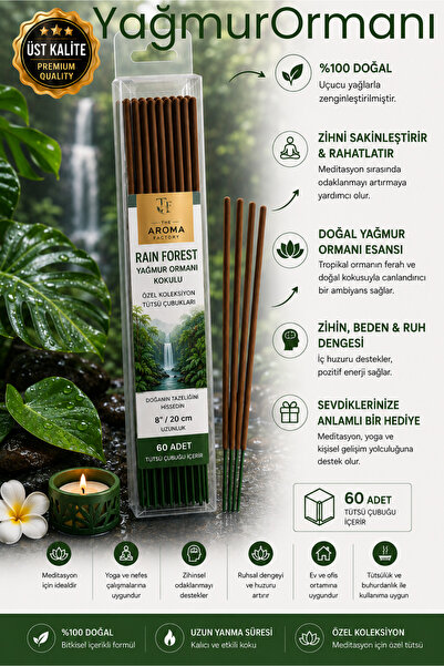 The Aroma Factory Üst Kalite Yağmur Ormanı Tütsü Çubuğu 60 Adet 20 cm Premium...