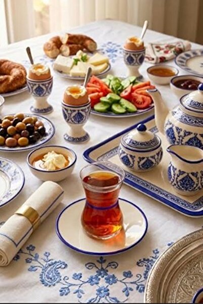DECOSTYLE Blue Hand Painted Fd Beykoz İncebelli Porcelain Plate Tea Set 12 Pi...