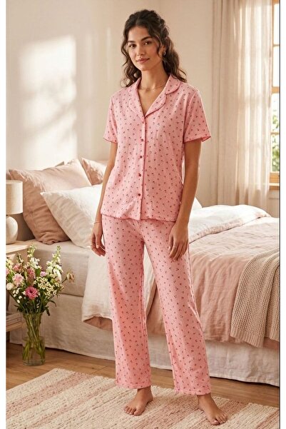 fameshomewear Yazlık Kısa Kol Pembe Çıtır Çiçek Düğmeli Pijama Takım