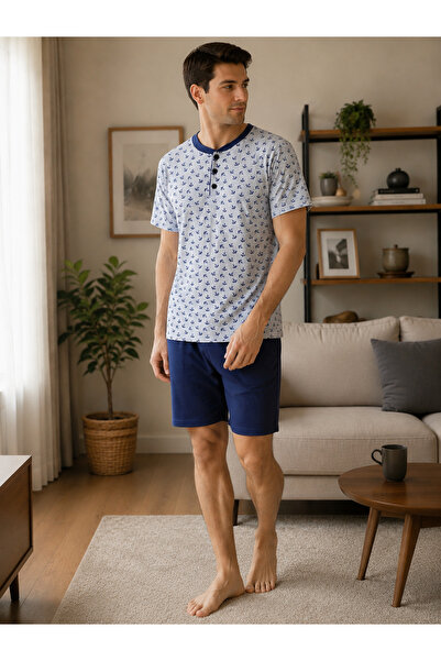 BALİS PİJAMA Men's Cotton Patterned Buttoned Pajama Set Short Sleeve Shorts S...