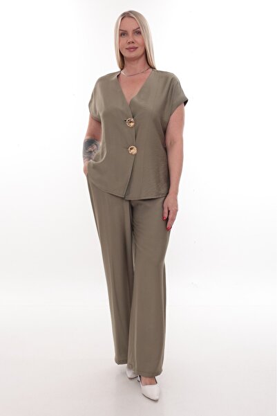 etselements V-Neck Button Detailed Short-Sleeved Linen Suit
